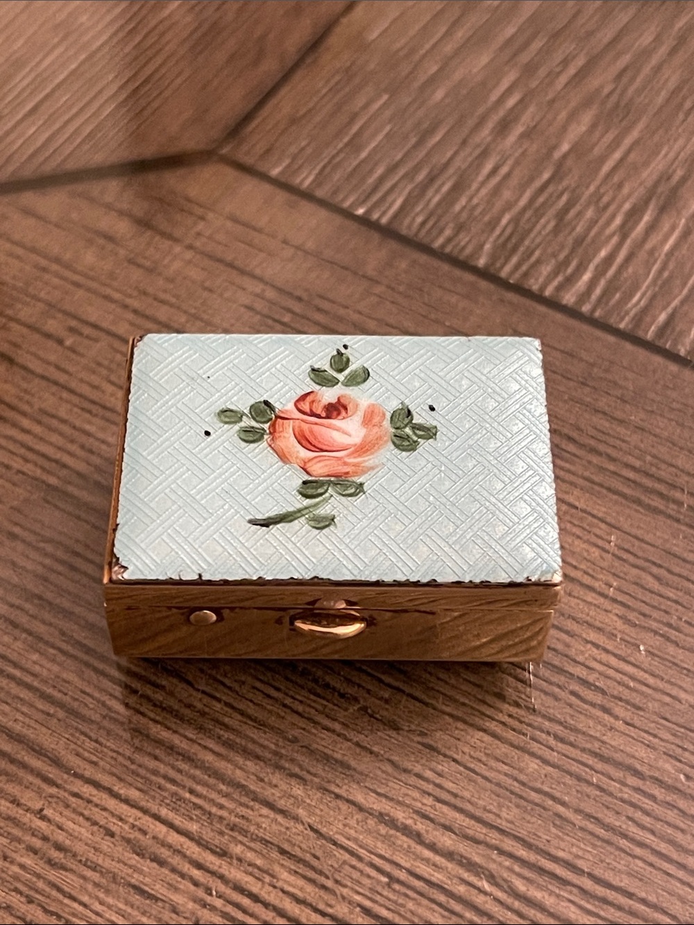 Vintage Blue Guilloché Mini Brass Pill Box with Painted Rose Motif- Keepsake